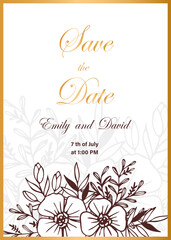 Wedding invitation card, save the date with golden frame, flowers, leaves and branches.
