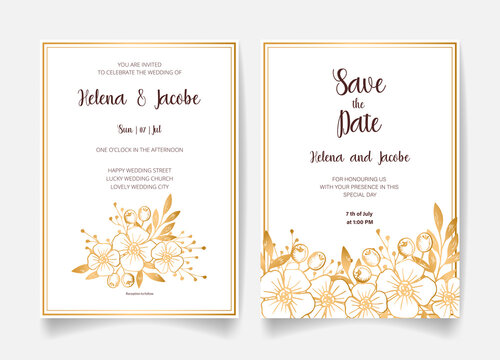 Wedding invitation card, save the date with golden frame, flowers, leaves and branches.
