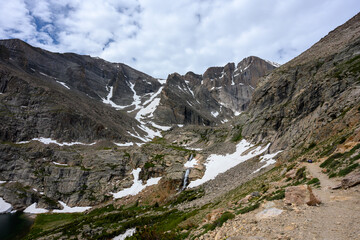 Waterfall Tumbles from Chasm Lake Below Longs Peak