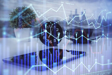 Double exposure of forex graph drawing and cell phone background. Concept of financial data analysis