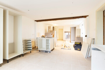 Fitting new replacement kitchen, UK - obrazy, fototapety, plakaty