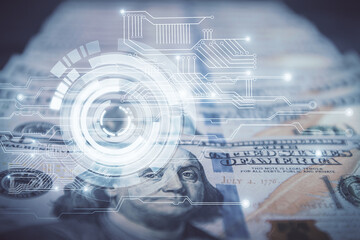 Double exposure of data theme drawing over us dollars bill background. Technology concept.