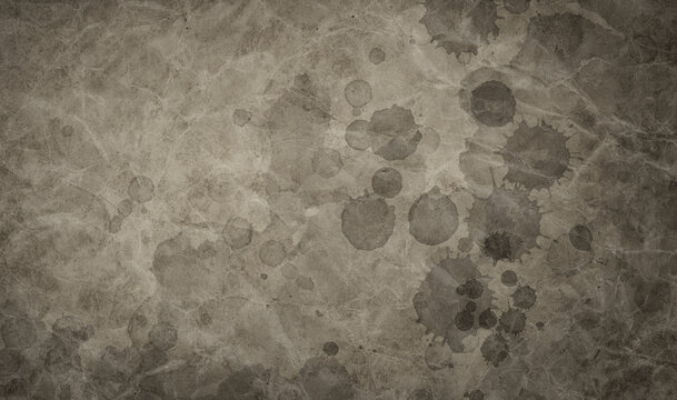 brown paper texture background design with distressed vintage stains and ink spatter and watercolor painted drops drips and paint spatter grunge in gray