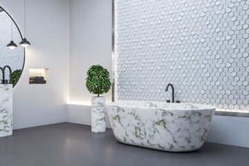 Luxury marble bathroom interior with bath and self care products.