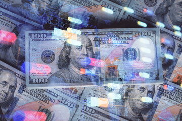 Double exposure of data theme drawing over us dollars bill background. Technology concept.