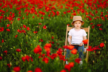 Cute little child girl in poppy field. Adorable child playing on sunny field.