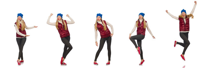 Blond hair girl in bordo vest isolated on white