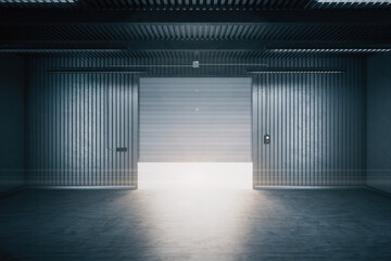 Modern garage room with open rolling gates - obrazy, fototapety, plakaty