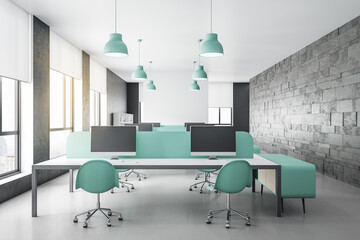 Contemporary office interior with panoramic city view.