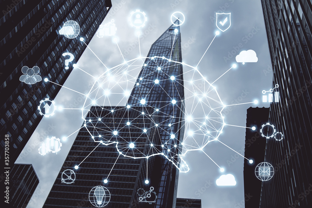 Poster creative city background with ai brain interface.