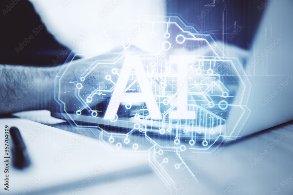Poster Hands using laptop with AI interface.