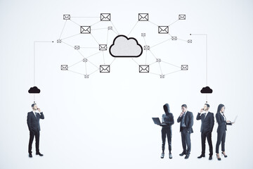 Businesspeople and abstract digital glowing cloud email map hologram