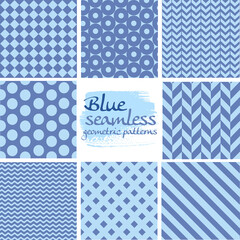 Set of blue seamless geometric patterns on white
