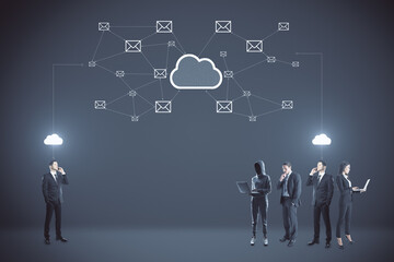 Businesspeople and abstract digital glowing cloud email map hologram