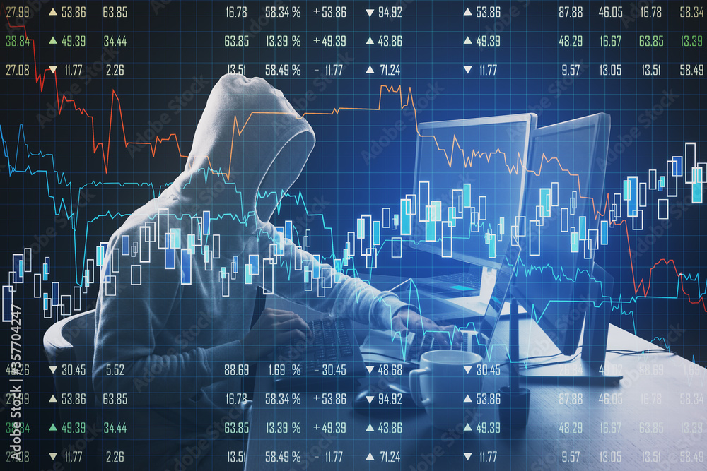 Poster Hacker using computer with business chart and financial analytics.