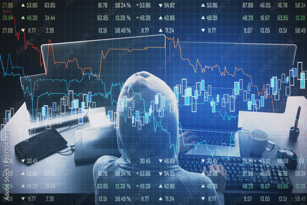Poster Hacker using computers with business chart