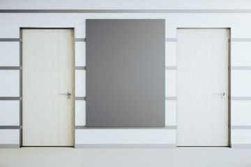 Spacious white office corridor with empty black poster on wall.