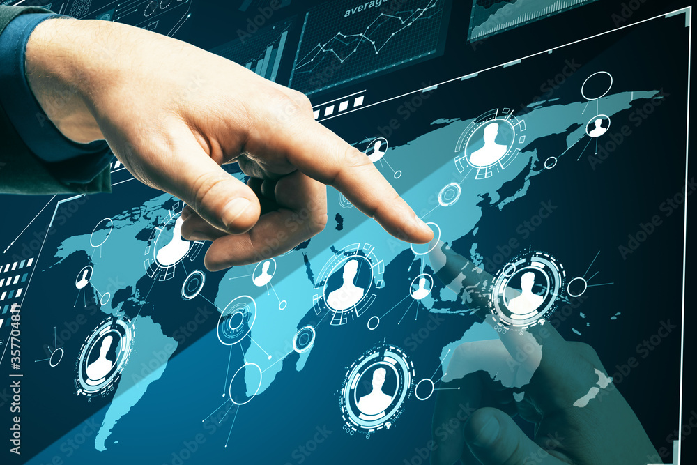 Poster close up of hand using digital business interface