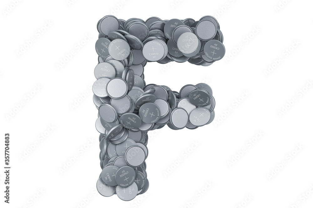 Poster letter f from button cells, 3d rendering