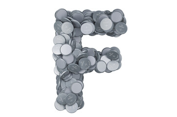 Letter F from button cells, 3D rendering