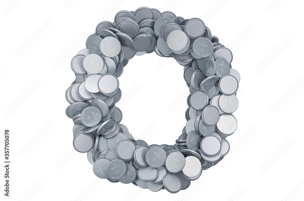 Poster letter o from button cells, 3d rendering