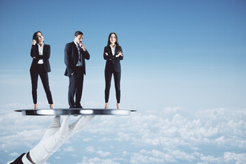 Businesspeople standing plate on blue sky background.