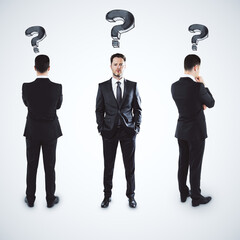 Three thinking businessmans in suit with drawing question marks