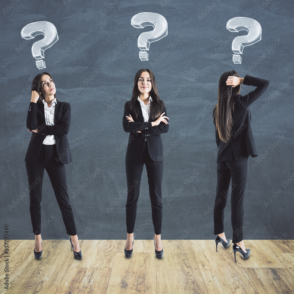 Poster three thinking businesswomans with drawing question marks