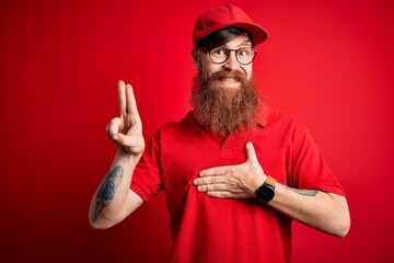 Young handsome delivery man wearing glasses and red cap over isolated background smiling swearing...