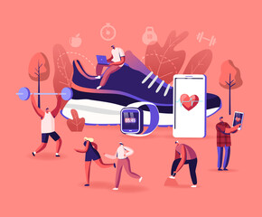 Smart Shoes Concept. Tiny Characters Sportsmen and Sportswomen Training in Gym and Outdoors in Sport Sneakers Connected to Smartphone. Walking around Huge Footwear. Cartoon People Vector Illustration