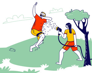 Happy Man and Woman Playing, Mischief and Spraying from Water Hose in Hot Summer Time Season Weather. Characters Splashing on Street. Thailand New Year Tradition Joy. Linear People Vector Illustration