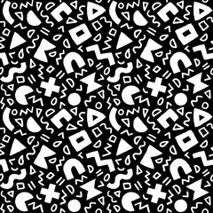 Vector seamless pattern with geometric shapes and brushstrokes. Abstract background with Scandinavian cut out elements.