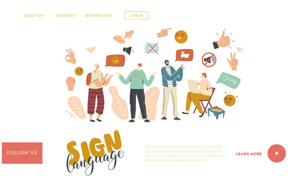 Characters Perform Hand Gestures Landing Page Template. Communication Language with no Sounds, Counting Fingers, Gesture Palm, Pointing Hand, Posing and Gesturing People. Linear Vector Illustration