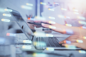 Multi exposure of woman hands working on computer and data theme hologram drawing. Tech concept.