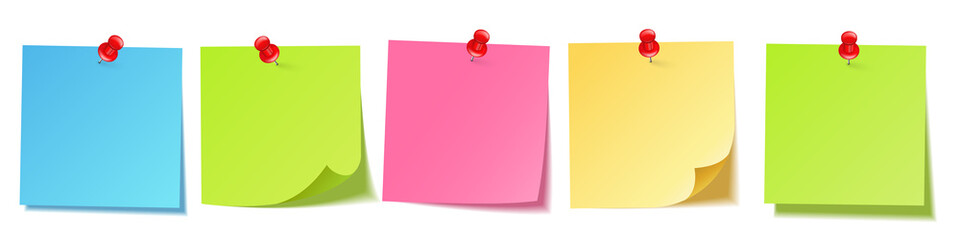 Realistic blank sticky notes isolated on white background. Colorful sheets of note papers with push pin. Paper reminder. Vector illustration.