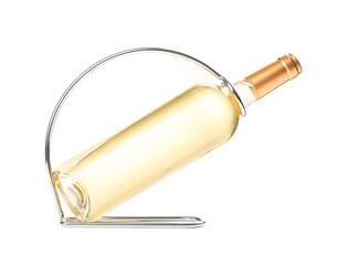 Holder with bottle of wine on white background