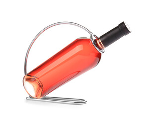 Holder with bottle of wine on white background