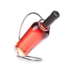 Holder with bottle of wine on white background