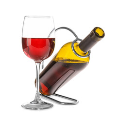 Holder with bottle and glass of wine on white background