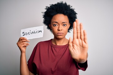 Young African American afro politician woman with curly hair socialist party member with open hand...