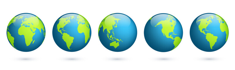 Earth globe. World map set. Planet with continents. Africa, Asia, Australia, Europe, North America and South America.