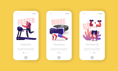 Naklejka na ściany i meble Fitness Exercising Mobile App Page Onboard Screen Template. Tiny Male Characters in Vr Goggles Training in Virtual Reality Cyberspace. Sports Workout Concept. Cartoon People Vector Illustration