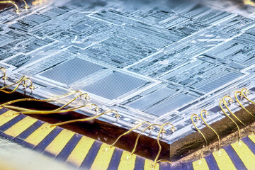 Inside of a microchip. Microcontroller silicon crystal. Close up. - obrazy, fototapety, plakaty