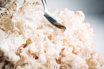 Close up of hericium erinaceus or Lions mane mushroom and spoon with mane oil .