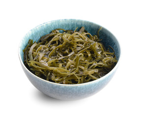 Bowl with tasty seaweed on white background