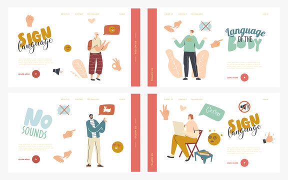 Characters Perform Hand Gestures Landing Page Template Set. Communication Language with no Sounds, Counting Fingers, Gesture Palm Pointing Hand, Posing and Gesturing People. Linear Vector Illustration