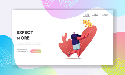 Total Sale Discount and Price Off Day Landing Page Template. Tiny Male Character Hold Huge Percent Sign. Shop Special Offer, Shopping Tour Promotion Activity, Bank Loan. Cartoon Vector Illustration