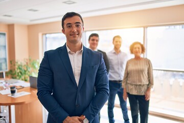 Business lawyers workers meeting at law firm office. Professional executive partners working on finance strategry at the workplace. Leader worker standing confident looking at the camera.