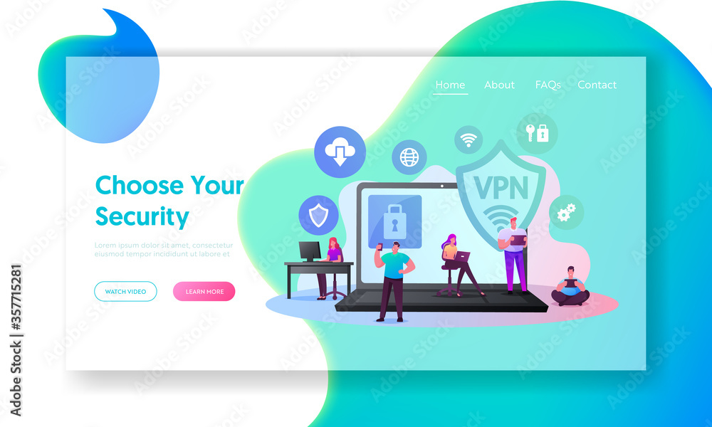 Poster virtual private network, vpn landing page template. tiny characters at huge laptop with lock on scre