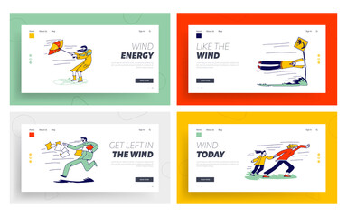 Obraz na płótnie Canvas Characters Fighting with Strong Wind Landing Page Template Set. Woman with Destroyed Umbrella Trying to Protect from Storm. Man Hanging on Road Sign, Scattered Docs. Linear People Vector Illustration